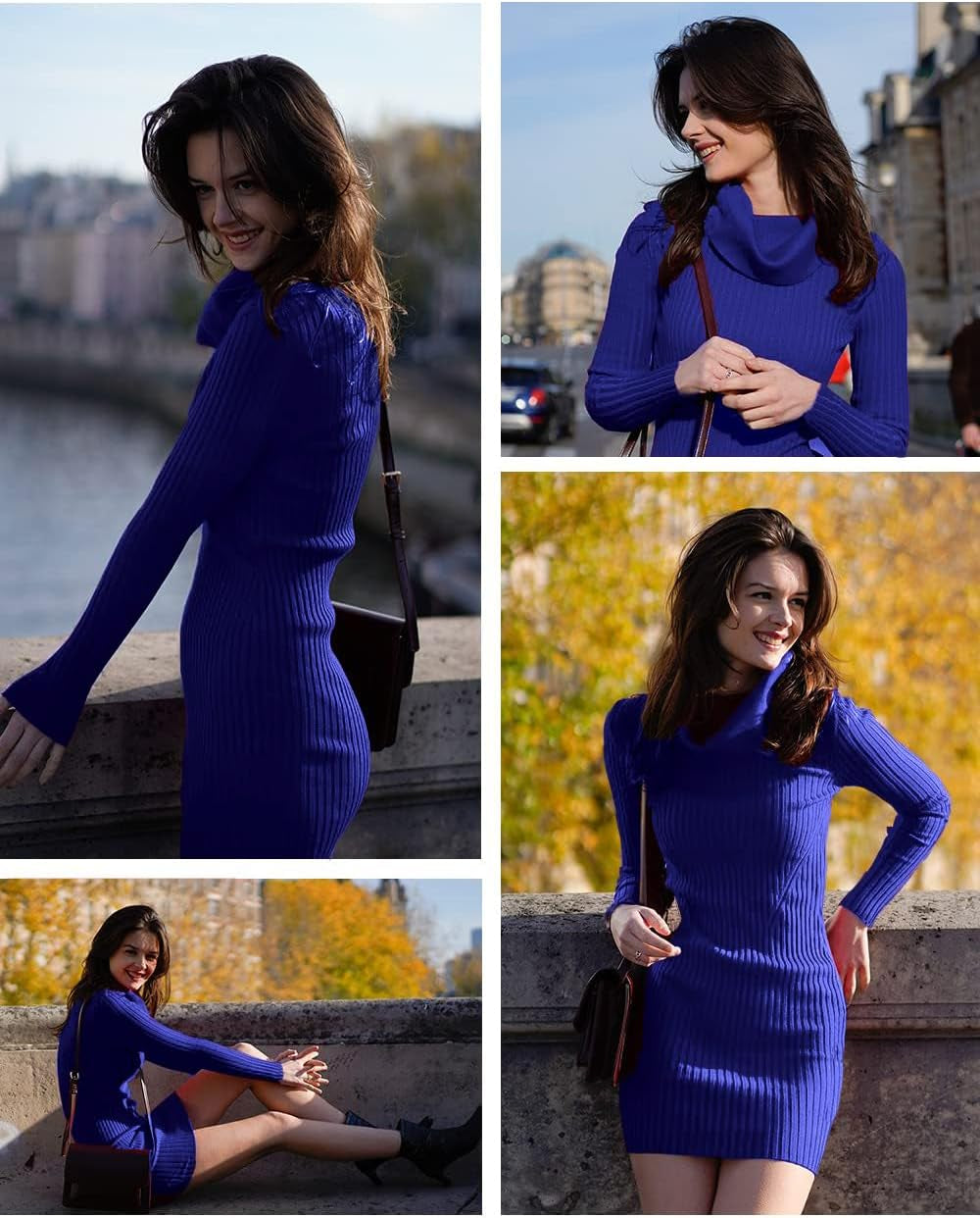 Sweater Dress for Women Ribbed Knit Fitted Midi Sexy Fall Winter Bodycon Cowl Neck Dresses